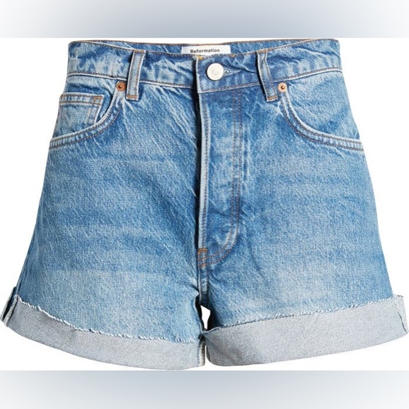 Reformation Charlie High Waist Cuffed Cutoff Denim Shorts - Picture 3 of 7